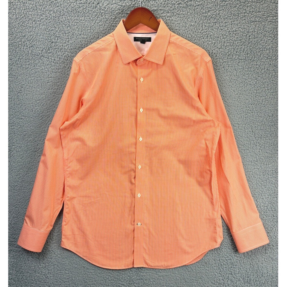 Banana Republic Non-Iron Slim Fit Shirt Mens L Orange Gingham Preppy Office